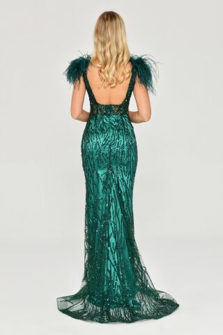 Omzu Otrişli Taşlı Uzun Elbise ZÜMRÜT - 38