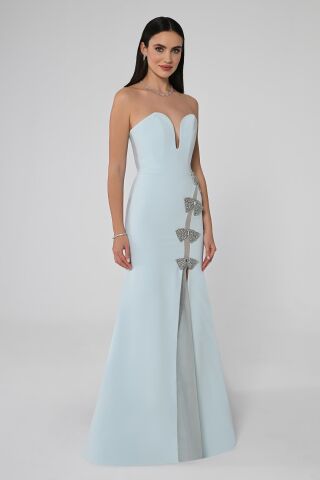 Straplez Kalp Göğüs Önden Yırtmaçlı Krep Uzun Elbise MAVİ - 36