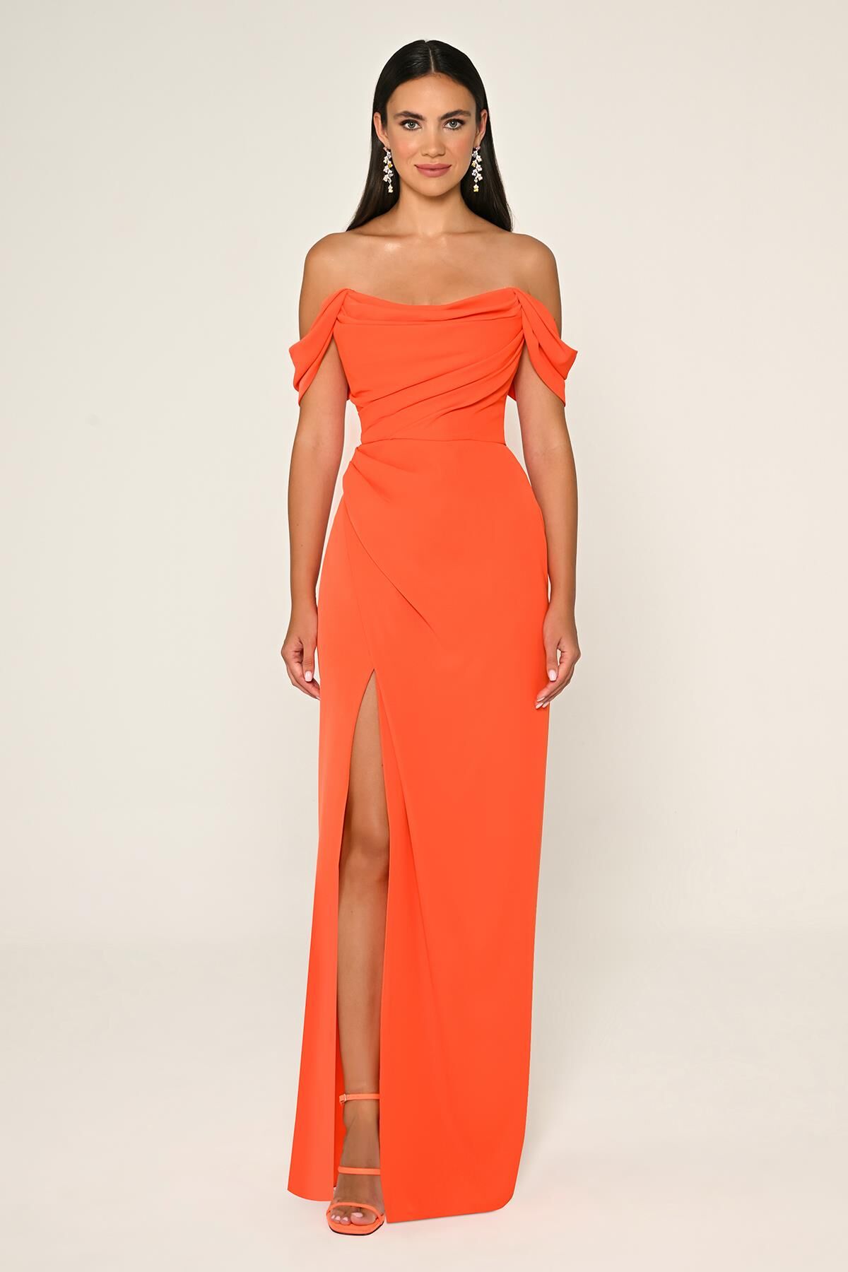 Düşük Omuz Yandan Yırtmaçlı Krep Uzun Elbise ORANGE - 46