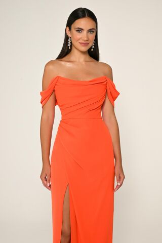 Düşük Omuz Yandan Yırtmaçlı Krep Uzun Elbise ORANGE - 46