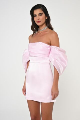 Düşük Balon Kol Straplez Kısa Saten Elbise Pembe - 40