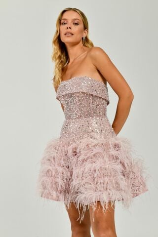 Straplez Eteği Tüylü Payet Kısa Elbise Pembe - 38