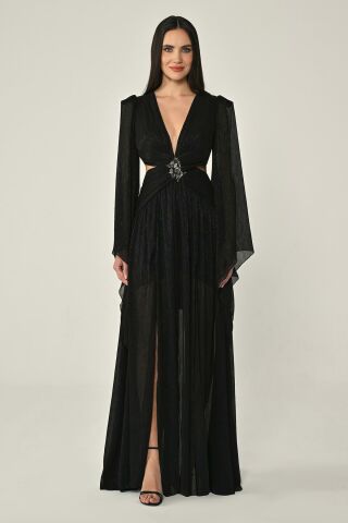 V-Ausschnitt, tiefer Rücken, Dekolleté vorne, Brosche, Chiffon, langes Kleid, Schwarz - 38