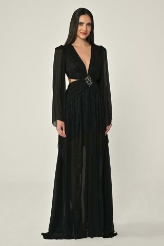 V-Ausschnitt, tiefer Rücken, Dekolleté vorne, Brosche, Chiffon, langes Kleid, Schwarz - 38