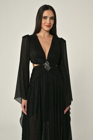 V-Ausschnitt, tiefer Rücken, Dekolleté vorne, Brosche, Chiffon, langes Kleid, Schwarz - 38