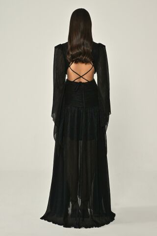 V-Ausschnitt, tiefer Rücken, Dekolleté vorne, Brosche, Chiffon, langes Kleid, Schwarz - 38