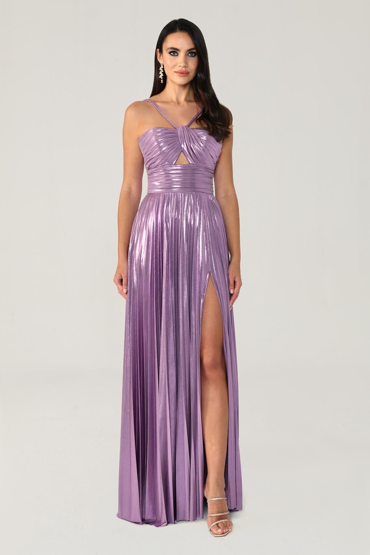 Shiny Chiffon Long Dress with Rope Straps and Front Slit Lilac - 38