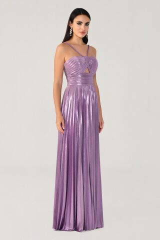 Shiny Chiffon Long Dress with Rope Straps and Front Slit Lilac - 38