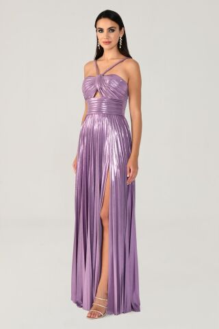 Shiny Chiffon Long Dress with Rope Straps and Front Slit Lilac - 38