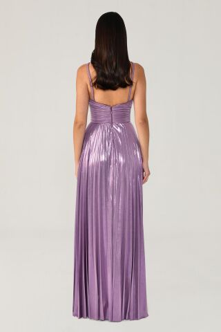 Shiny Chiffon Long Dress with Rope Straps and Front Slit Lilac - 38