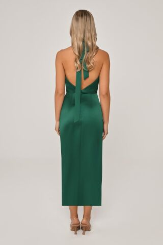 Boyundan Bağlamalı Degaje Yaka Saten Midi Elbise Yeşil - 36