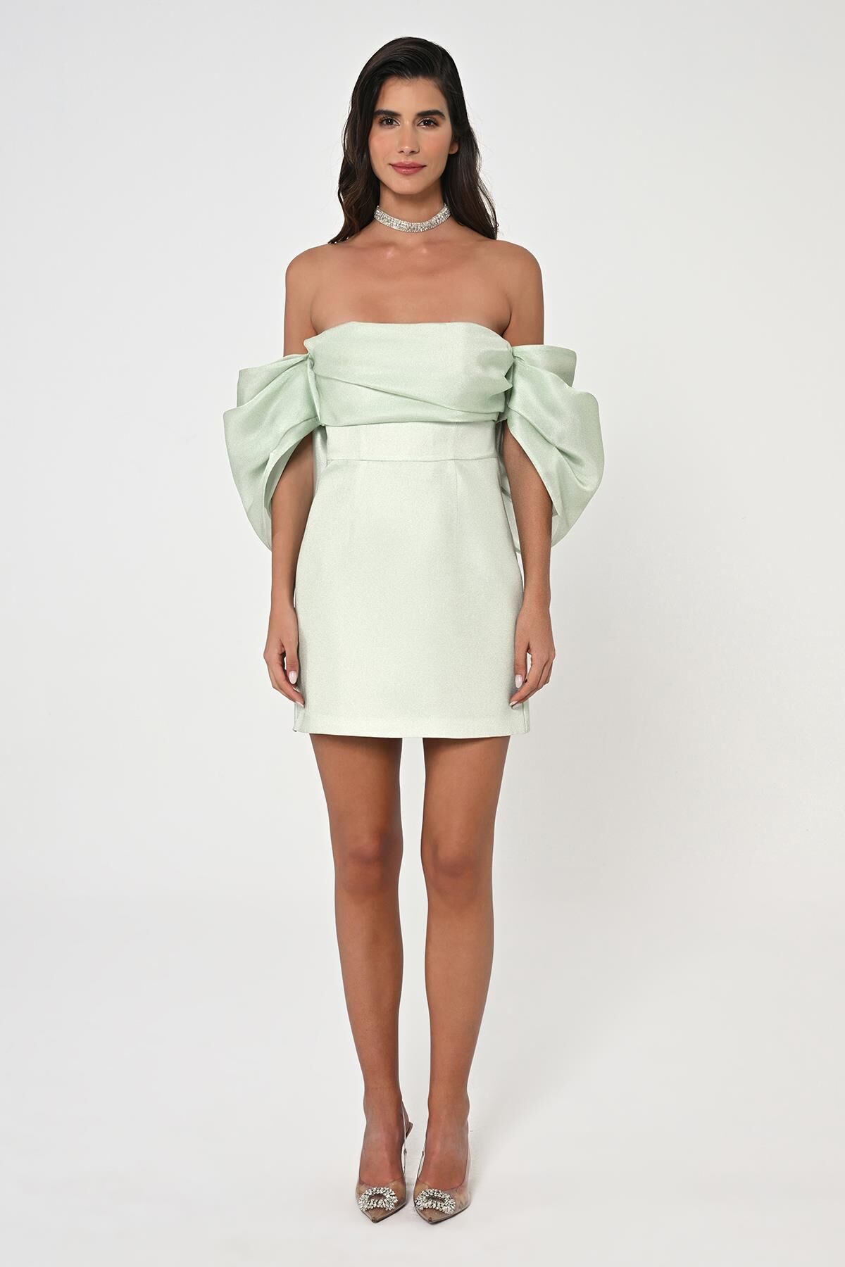 Düşük Balon Kol Straplez Kısa Saten Elbise 42 - SUYEŞİLİ