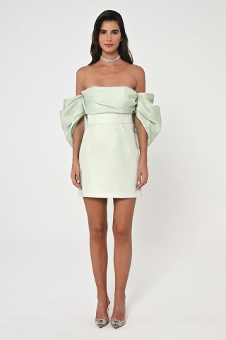 Düşük Balon Kol Straplez Kısa Saten Elbise 42 - SUYEŞİLİ