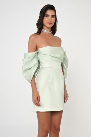 Düşük Balon Kol Straplez Kısa Saten Elbise 42 - SUYEŞİLİ