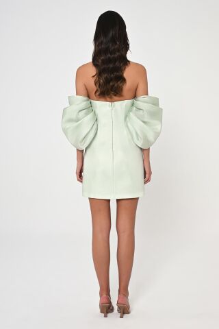 Düşük Balon Kol Straplez Kısa Saten Elbise 42 - SUYEŞİLİ