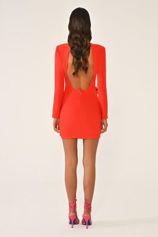 Uzun Kol Vatkalı Sırt Dekolteli Çiçek Aksesuarlı Kısa Elbise ORANGE - 36