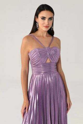 İp Askılı Önden Yırtmaçlı Parlak Şifon Uzun Elbise Lila - 42