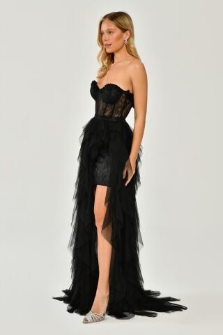 Straplez Yırtmaçlı Katlı Tül Elbise Siyah - 38