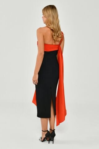 Tek Omuzdan Tafta Kumaş Bağlamalı Krep Midi Elbise SİYAH / ORANJ - 38