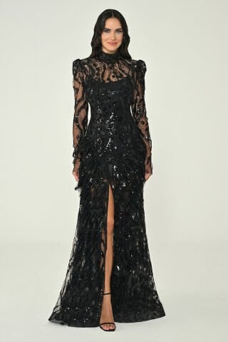 Uzun Kollu Vatkalı Önden Yırtmaçlı Payet Uzun Elbise