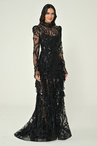 Uzun Kollu Vatkalı Önden Yırtmaçlı Payet Uzun Elbise