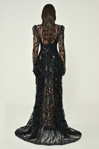 Uzun Kollu Vatkalı Önden Yırtmaçlı Payet Uzun Elbise