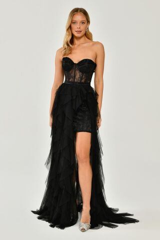 Straplez Yırtmaçlı Katlı Tül Elbise Siyah - 44