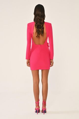 Uzun Kol Vatkalı Sırt Dekolteli Çiçek Aksesuarlı Kısa Elbise AÇIK FUŞYA - 42