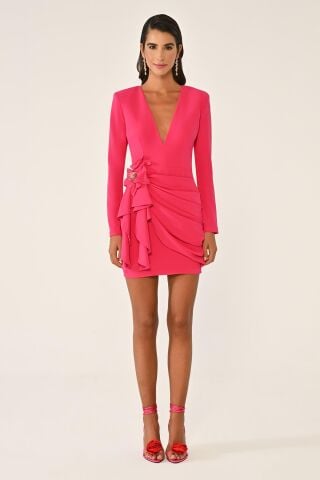 Uzun Kol Vatkalı Sırt Dekolteli Çiçek Aksesuarlı Kısa Elbise AÇIK FUŞYA - 42