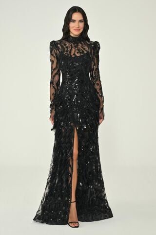 Uzun Kollu Vatkalı Önden Yırtmaçlı Payet Uzun Elbise