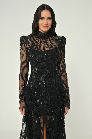 Uzun Kollu Vatkalı Önden Yırtmaçlı Payet Uzun Elbise