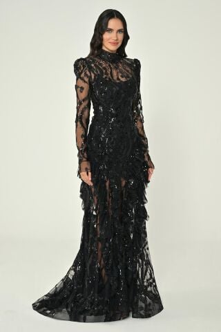 Uzun Kollu Vatkalı Önden Yırtmaçlı Payet Uzun Elbise