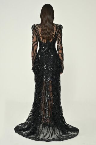 Uzun Kollu Vatkalı Önden Yırtmaçlı Payet Uzun Elbise