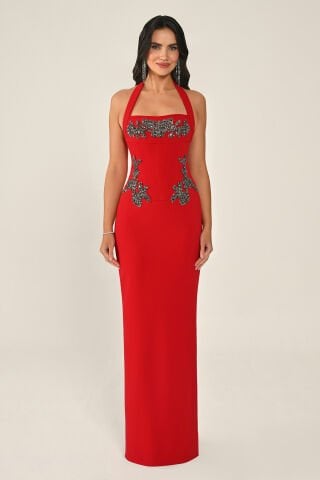 Boyundan Askılı Taşlı Krep Uzun Elbise