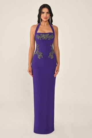 Boyundan Askılı Taşlı Krep Uzun Elbise