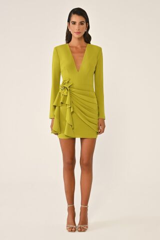 Uzun Kol Vatkalı Sırt Dekolteli Çiçek Aksesuarlı Kısa Elbise OKSİT YEŞİL - 36