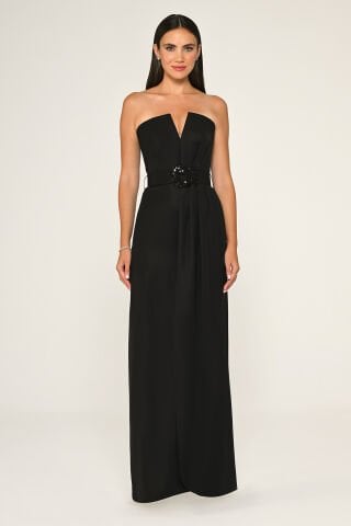 Straplez Beli İşlemeli Kemer Krep Uzun Elbise