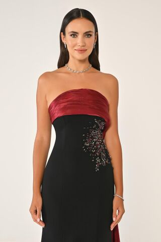 Straplez Üstü İşlemeli Kuyruklu Krep Uzun Elbise SİYAH / BORDO - 44