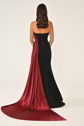 Straplez Üstü İşlemeli Kuyruklu Krep Uzun Elbise SİYAH / BORDO - 44