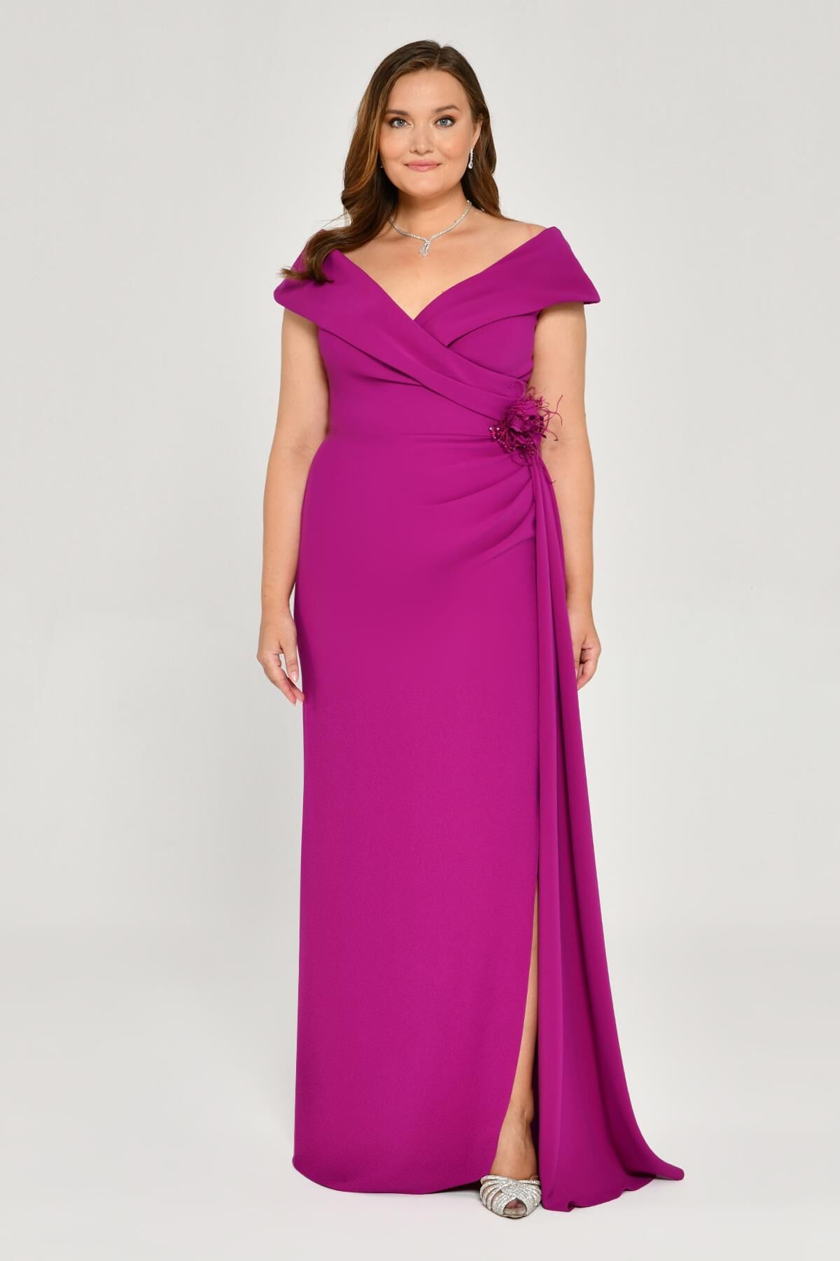 V Yaka Yırtmaçlı Krep Uzun Elbise Eflatun - 42