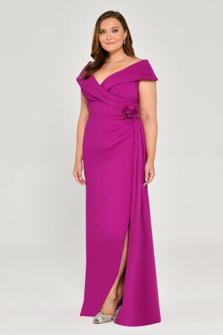 V Yaka Yırtmaçlı Krep Uzun Elbise Eflatun - 42