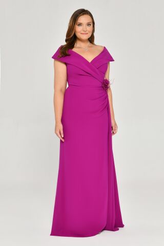 V Yaka Yırtmaçlı Krep Uzun Elbise Eflatun - 42