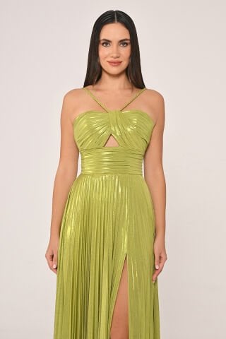 İp Askılı Önden Yırtmaçlı Parlak Şifon Uzun Elbise