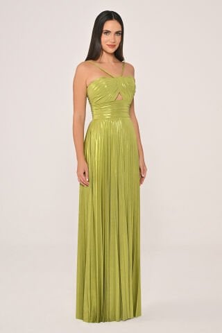 İp Askılı Önden Yırtmaçlı Parlak Şifon Uzun Elbise