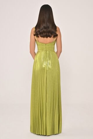 İp Askılı Önden Yırtmaçlı Parlak Şifon Uzun Elbise