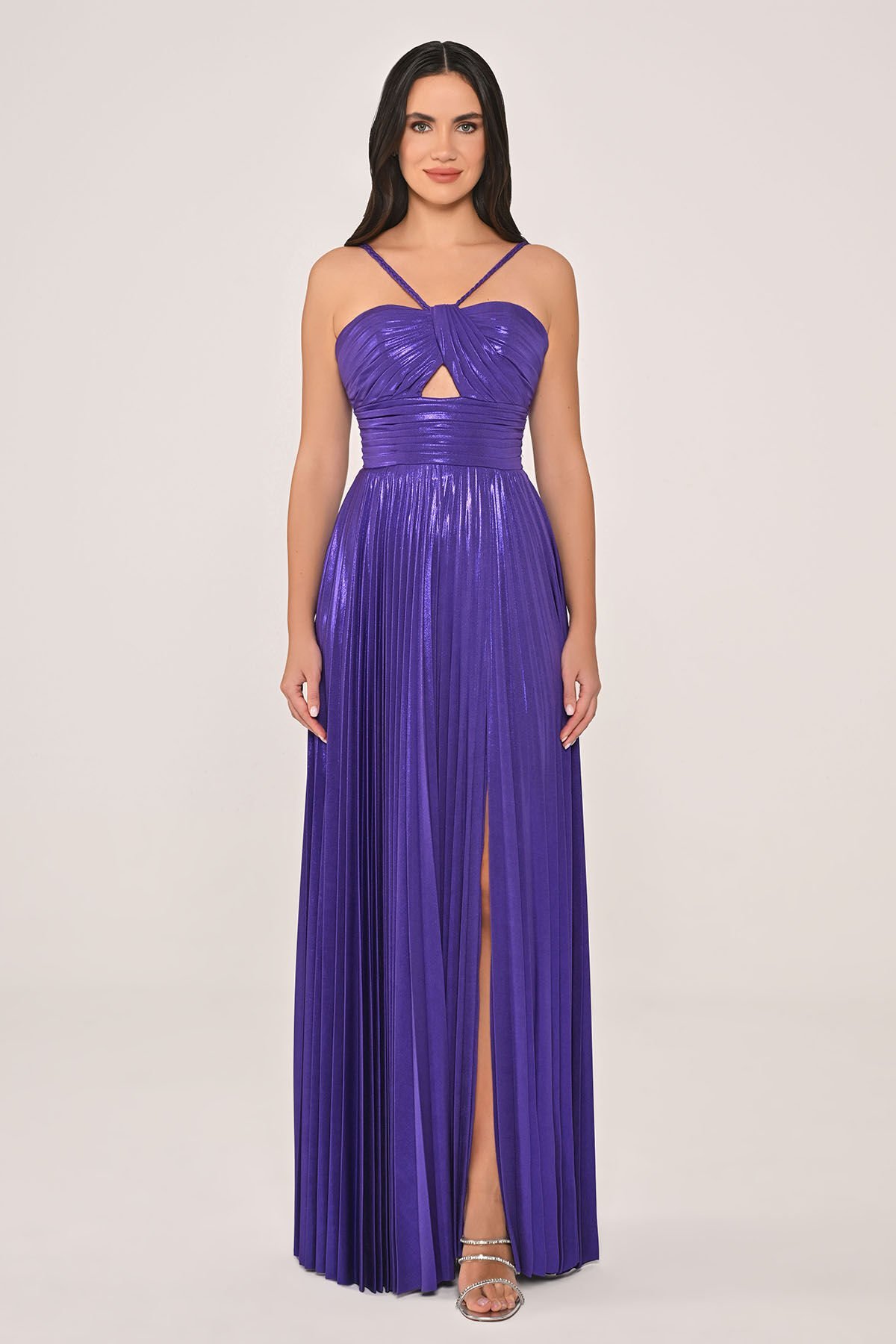 İp Askılı Önden Yırtmaçlı Parlak Şifon Uzun Elbise