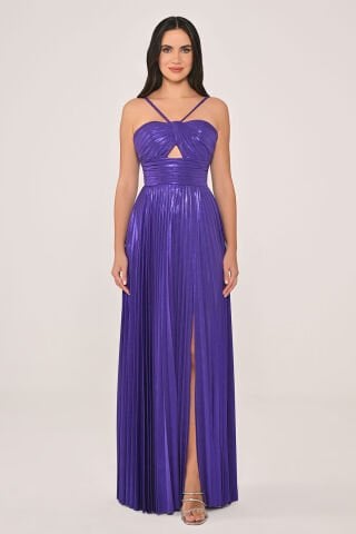 İp Askılı Önden Yırtmaçlı Parlak Şifon Uzun Elbise