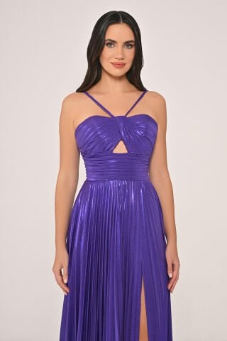 İp Askılı Önden Yırtmaçlı Parlak Şifon Uzun Elbise