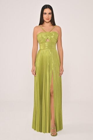 İp Askılı Önden Yırtmaçlı Parlak Şifon Uzun Elbise