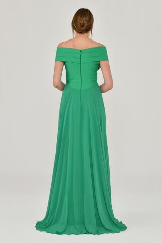 Düşük Omuz Çiçek Aksesuarlı Şifon Uzun Elbise Yeşil - 38